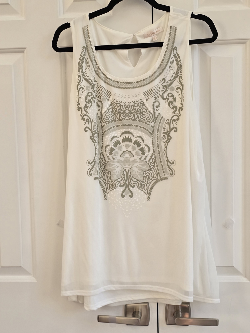 Embellished White Sleeveless Tank with Silver And Gray/Sage Print